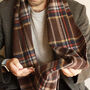 Men's Brown Navy Tartan Cashmere Wool Blend Scarf, thumbnail 3 of 11