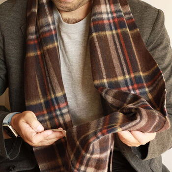 Men's Brown Navy Tartan Cashmere Wool Blend Scarf, 3 of 11