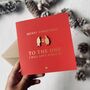 Penguin Love Wooden Detail Gold Foil Red Christmas Card, thumbnail 1 of 5