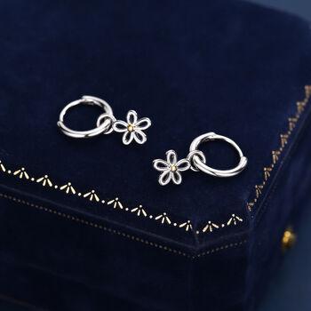 Sterling Silver Daisy Flower Charm Hoop Earrings, 6 of 12