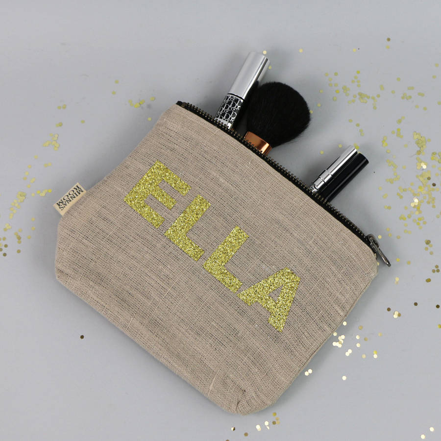 Personalised Linen Glitter Make Up Bag With Name By Minna's Room