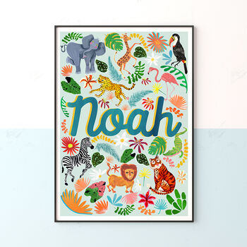 Personalised Sea Blue Safari Animal Name Print | Hand Painted Jungle Nursery Wall Art | Safari Baby Gift, 3 of 9