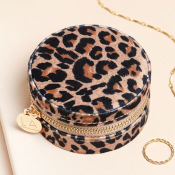 Leopard Print Velvet Round Travel Jewellery Case, 3 of 7