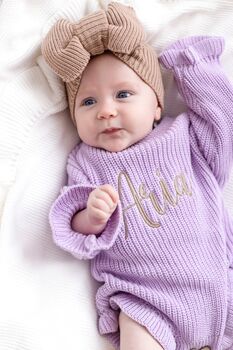 Little Sister Embroidered Ruffle Detail Knitted Baby Romper Matching Big Sister Jumper Available, 6 of 12