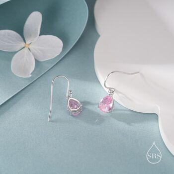 Sterling Silver Tourmaline Pink Pear Cut Cz Drop Earrings, 2 of 10