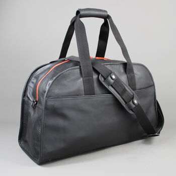 Black Leather Laptop Weekend Bag With Orange Zip, 2 of 9