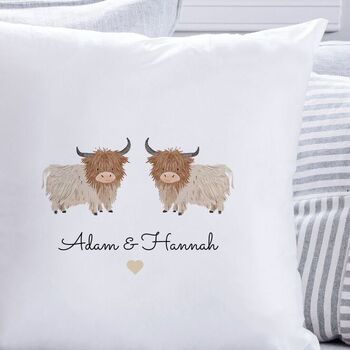 Couples Personalised Highland Cow Cushion, 2 of 2