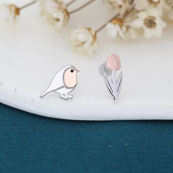 Sterling Silver Robin Bird And Tulip Stud Earrings, 3 of 7