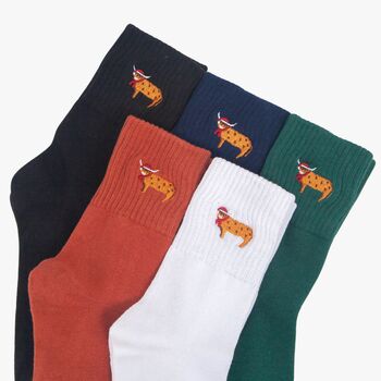 Women's Christmas Highland Cow Embroidered Cotton Ankle Socks Five Pack, 2 of 7