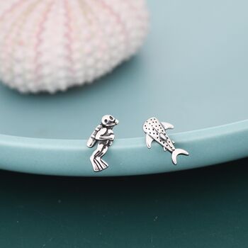 Mismatched Scuba Diver And Whale Shark Stud Earrings In Sterling Silver, 7 of 12