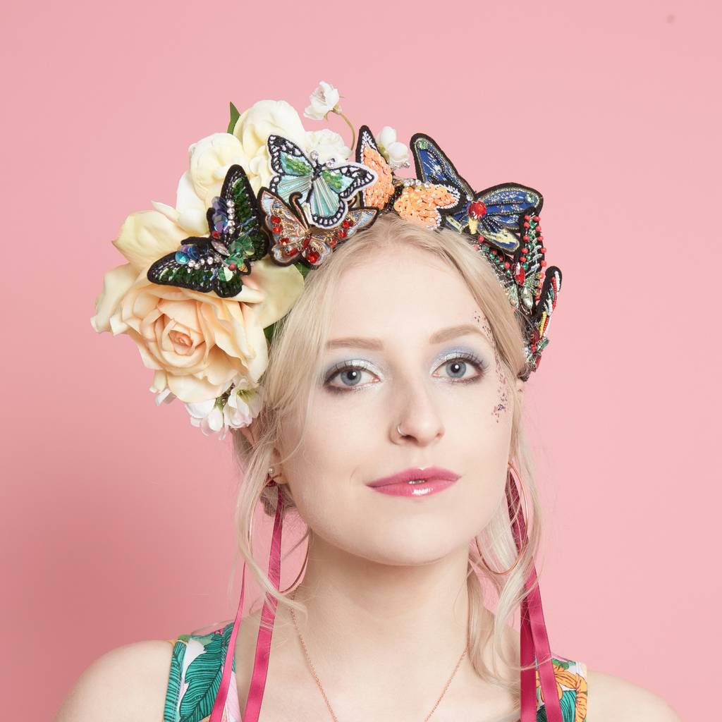 Floral Crown Fascinator With Butterflies By GG's Pinup Couture