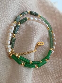 Green Onyx And Aventurine Beaded Necklace With Freshwater Pearls In 18k Gold Detail, May And June Birthstone Jewellery Gift, 3 of 6