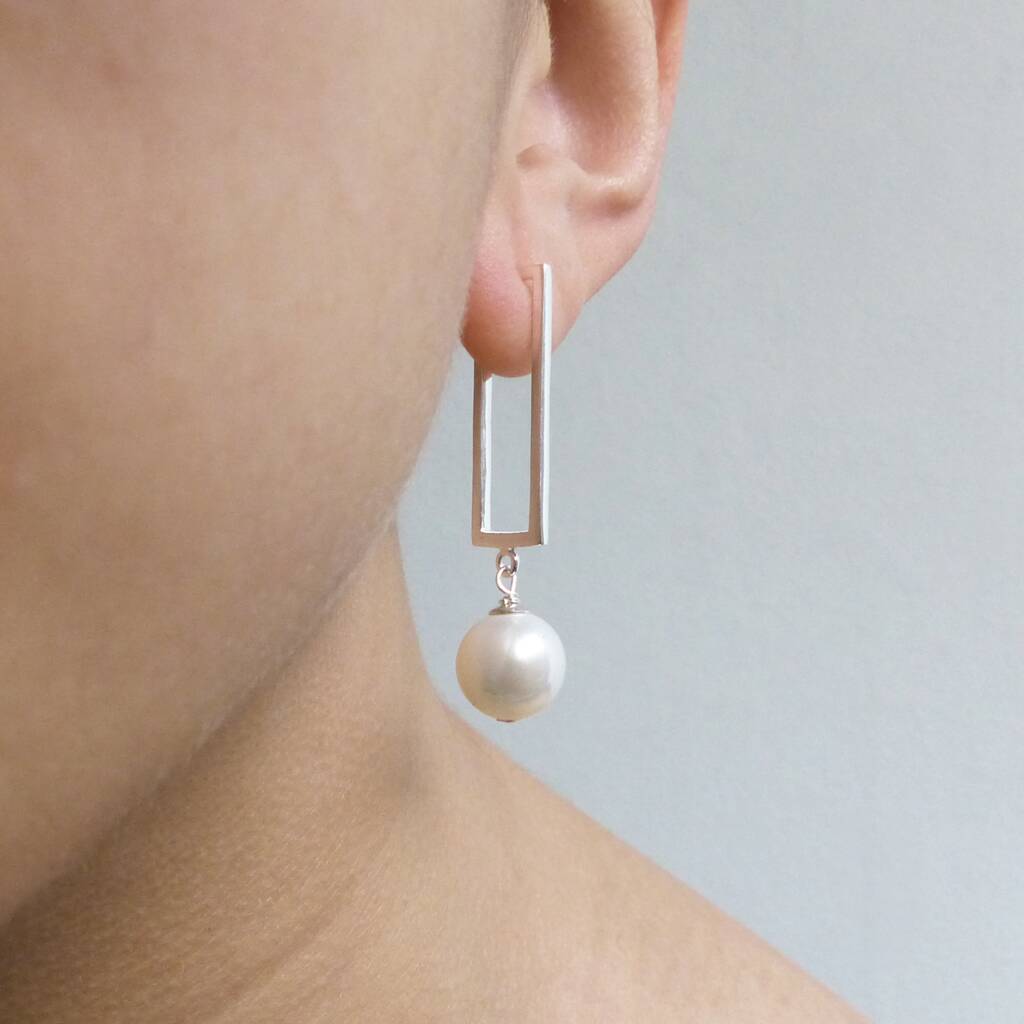 Rectangle And Pearl Earrings, 1 of 3
