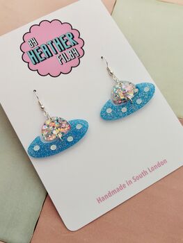 U.F.O Glitter Blue Earrings / Alien Spaceship Jewellery Science Fiction Lover Gift / Retro Space Aesthetic 1950s Sci Fi Accessory / Out Of This World Jewellery, 2 of 5