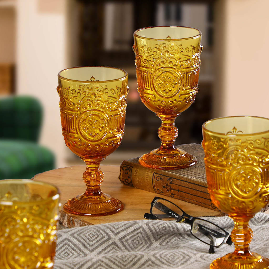 Set Of Four Amber Embossed Wine Glasses By Dibor