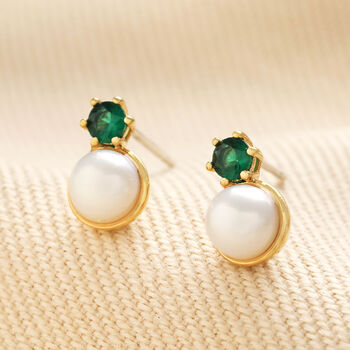 Green Crystal And Pearl Stud Earrings In Gold, 3 of 4