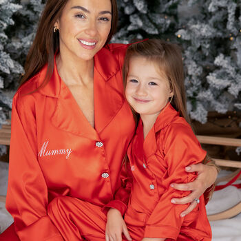 Personalised Girl's Luxury Red Christmas Silky Satin Pyjamas, 9 of 12