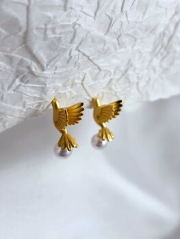 Golden Dove Pearl Earrings 16k Gold Plated Studs With Real Freshwater Pearls, Symbol Of Love And Peace, Wedding Gift For Her, 4 of 9