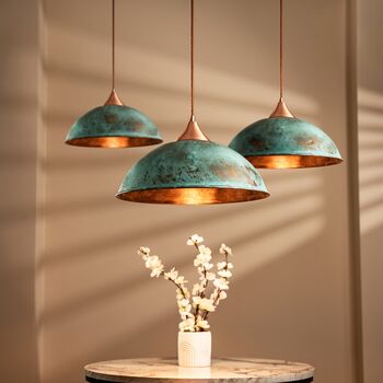 Verdigris Tall Hammered Copper Pendant Light, Handcrafted Green Patina Ceiling Lamp With Copper Fixtures, 4 of 5