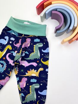 Dinosaur Grow With Me Leggings Sage Green Cuffs, 2 of 2