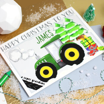 Personalised Green Tractor Christmas Card, 2 of 8