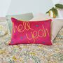 Hell Yeah Embroidered Pink Velvet Cushion, thumbnail 2 of 4