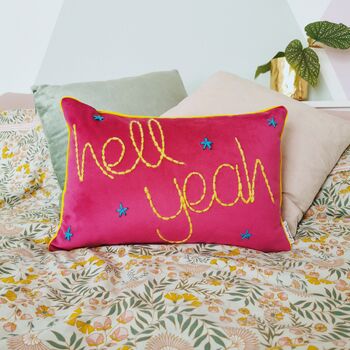 Hell Yeah Embroidered Pink Velvet Cushion, 2 of 4