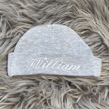 Personalised Embroidered Grey Newborn Baby Hat, 3 of 9