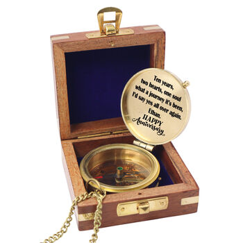Personalised 10th Tin Anniversary Compass Gift With Wooden Box, 2 of 10