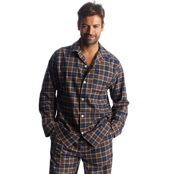 Men's Dark Blue Check Brushed Cotton Pyjamas, 2 of 4
