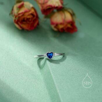 Sterling Silver Very Tiny Sapphire Blue Cz Heart Ring, 6 of 12