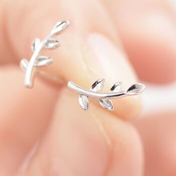 Sterling Silver Olive Branch Leaf Stud Earrings, 5 of 11