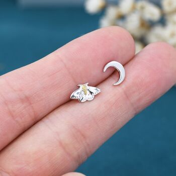 Sterling Silver Moth And Moon Stud Earrings, 3 of 9