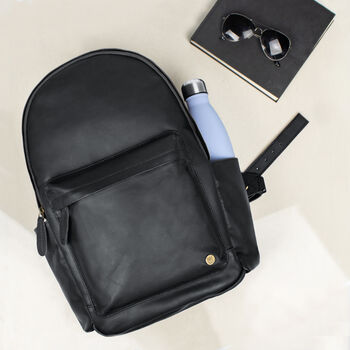 Personalised Black Leather Backpack With Side Pockets, 2 of 9