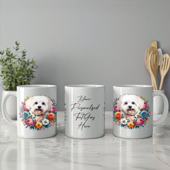 Personalised Maltese Summer Floral Dog Wreath Cushion And Mug Gift Bundle, 3 of 4