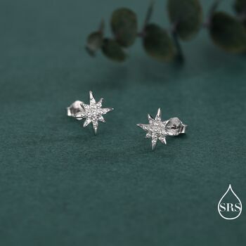 Sparkly Cz Starburst Stud Earrings In Sterling Silver, 3 of 12