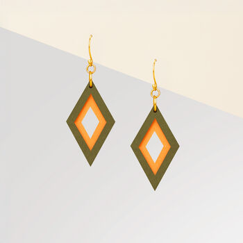 Khaki And Orange Diamond Shaped Layered Earrings • Gold Plated Sterling Silver Hooks, 3 of 8