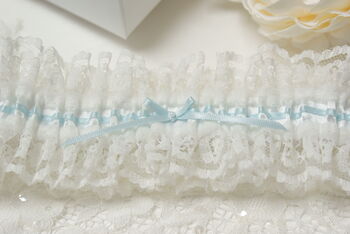 Satin And Lace Bridal Wedding Garter With Blue Ribbon, 2 of 2