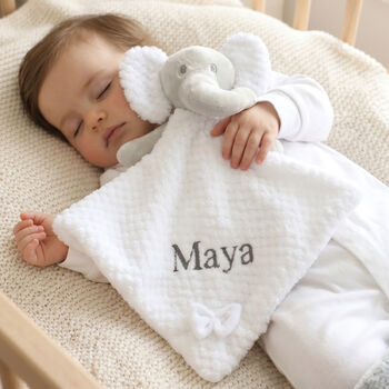 Personalised White Elephant With Bow Baby Comforter, 2 of 7