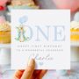 Personalised Peter Rabbit Happy First Birthday Card *Pink + Blue Options, thumbnail 1 of 2