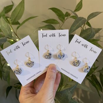 Blue Floral Ceramic Heart Earrings Dainty Handmade Earrings, 6 of 7