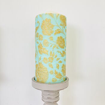 Floral Pillar Candle ~ Turquoise /Gold, 2 of 5