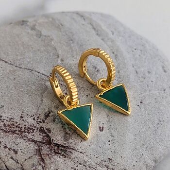 'The Triangle' Green Onyx Hoop Gold Plated Earrings, 4 of 6