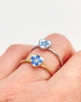 Mini Heart Ring With Real Forget Me Not Flower In Gold Or Silver Waterproof, 4 of 10