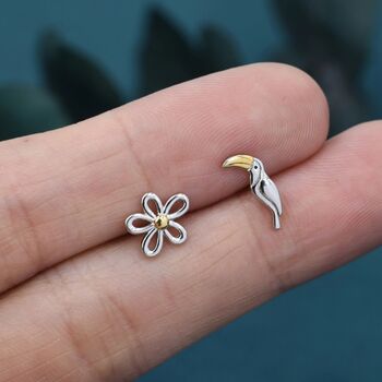 Mismatched Toucan And Flower Stud Earrings In Sterling Silver, 2 of 9