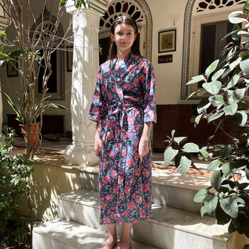 Navy And Pink Flower Block Print 100% Cotton Dressing Gown Kimono, 2 of 7