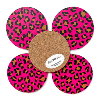 Pink Leopard Print Coasters Set Round Heat Resistant, 2 of 7