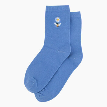 Embroidered Bee Daisy Floral Ankle Socks Women's Blue, 4 of 4