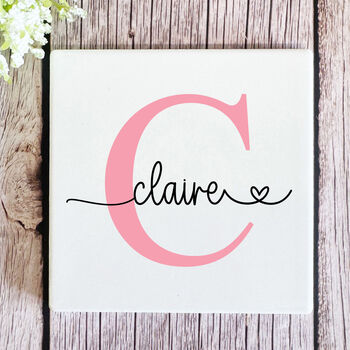Personalised Pink Porcelain Square Coaster With Intial And Name Gift, 2 of 3