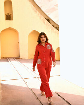 Diyu Sequin Embroidered Red Co Ord Set, 2 of 4